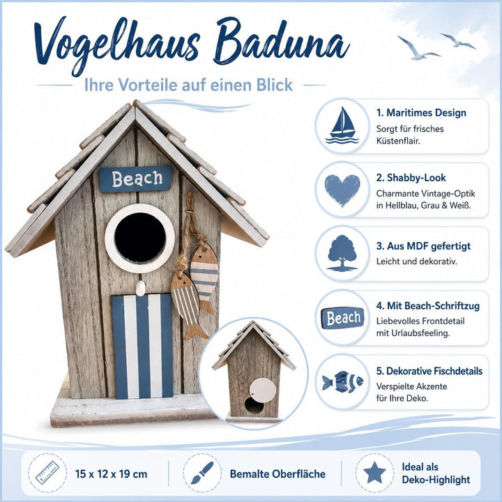 Boltze Vogelhaus Baduna mit Fischen & Beach-Schriftzug, Maritime Deko im Shabby-Look, MDF bemalt, ca