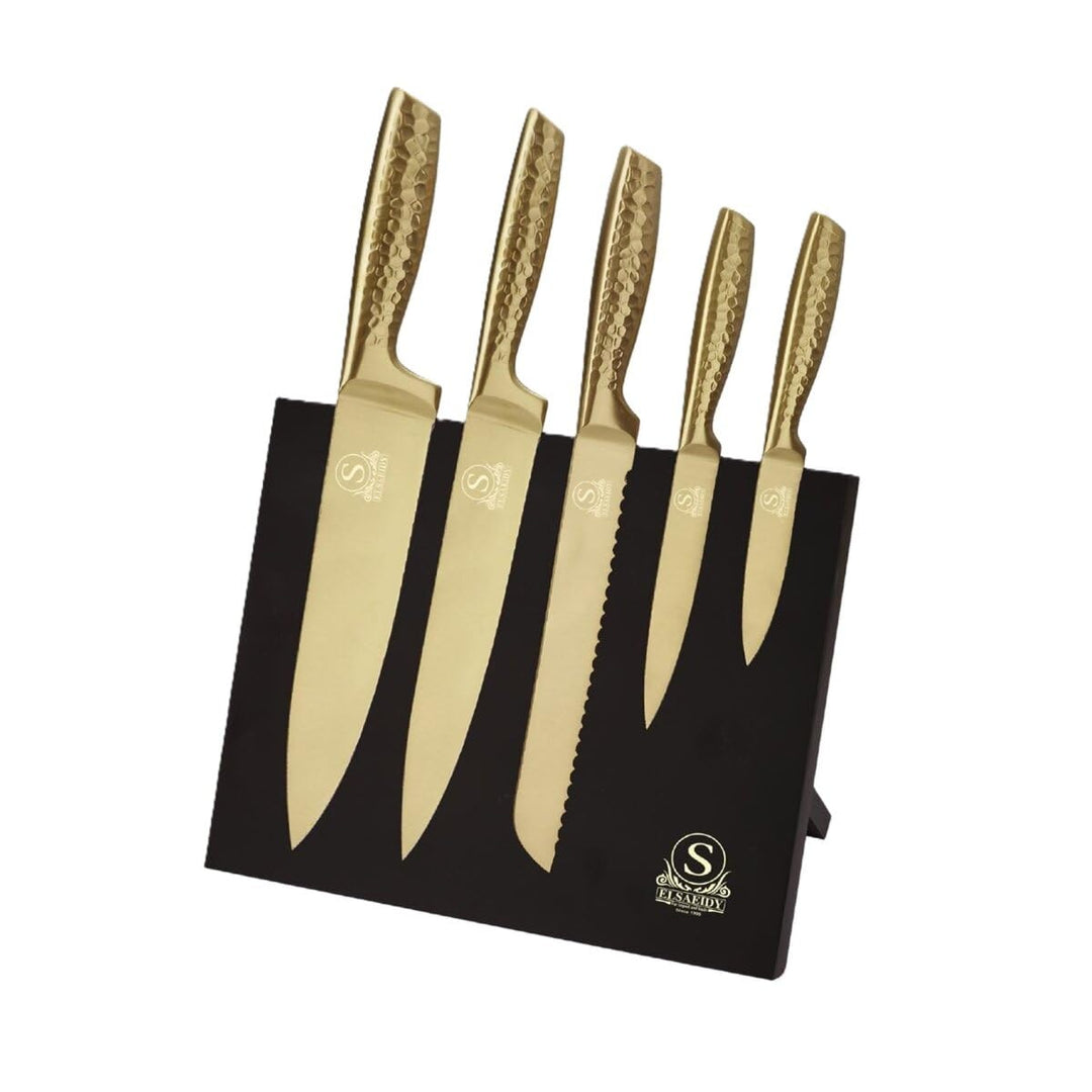 Messer-Set mit ergonomischem Griff - 6-teilig mit magnetischem Messerblock - Gold, Gold