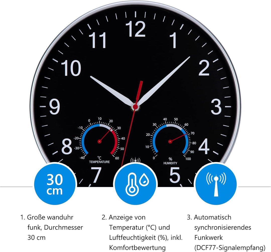 Wanduhr Funk Uhr Mit Temperaturanzeige und Luftfeuchtigkeit Funkuhr Wand Lautlos 30cm Funkwanduhr Mo
