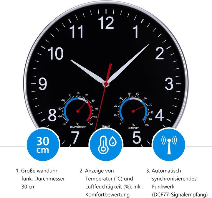 Wanduhr Funk Uhr Mit Temperaturanzeige und Luftfeuchtigkeit Funkuhr Wand Lautlos 30cm Funkwanduhr Mo