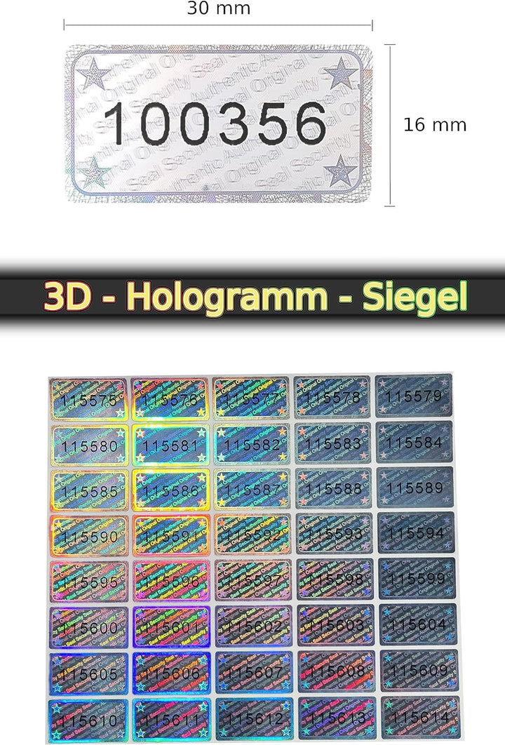 1215 Stk - 3D Hologramm-Siegel mit Seriennummer - 30*16mm silber glänzend - Sicherheitssiegel, Quali