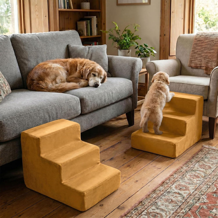 murando Hundetreppe für Kleine Hunde 3 Stufen 30 cm, Samt - Gelb | Haustiertreppe für Bett, Sofa, Be
