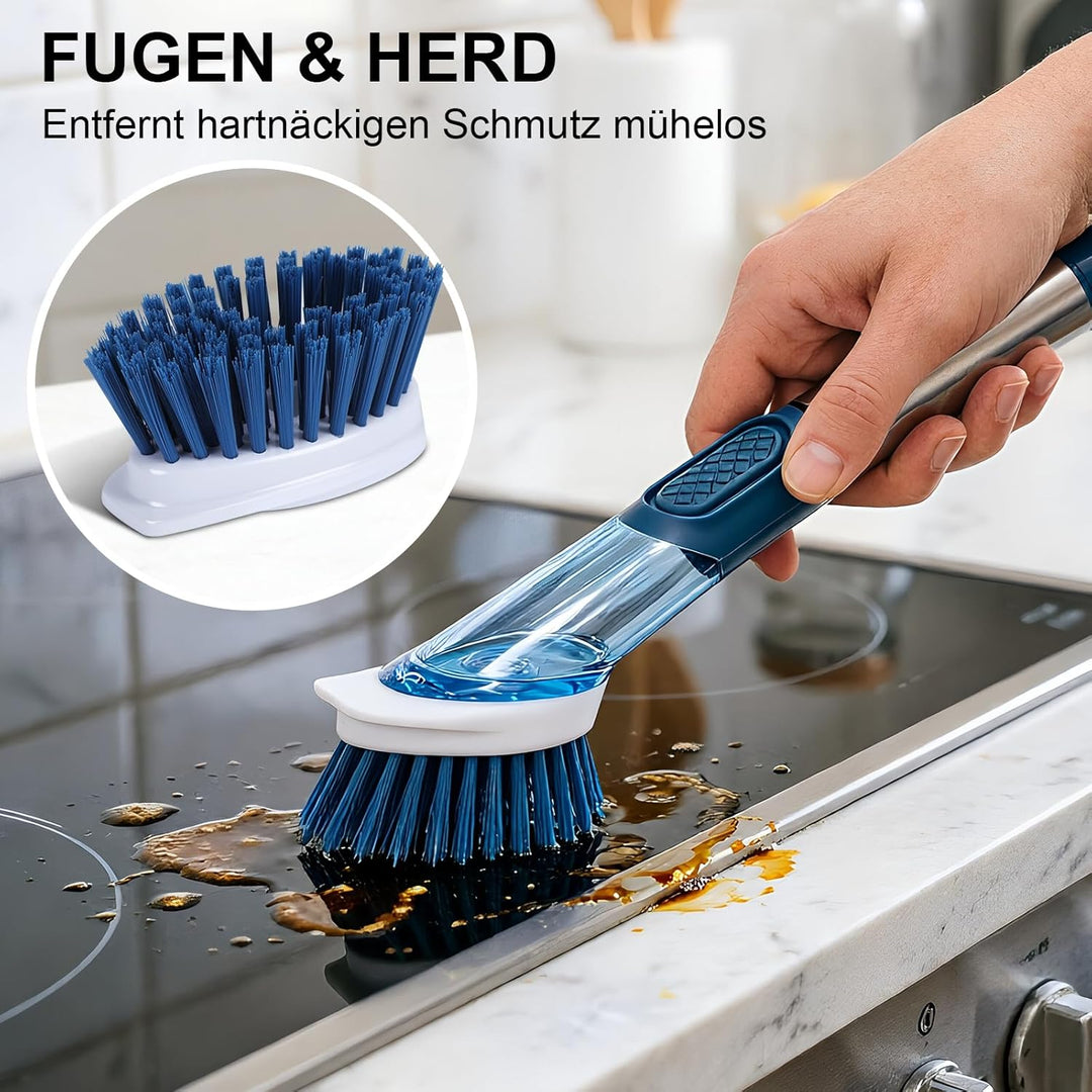 Spülbürste mit Spülmittelspender, Zvonema Küchenbürste mit ergonomischem Langer Griff, 4 Hochwertige