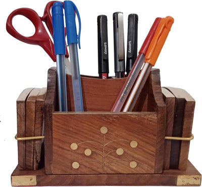 Purpledip Schreibtisch-Organizer aus Holz, Besteck-Halter, Set mit 6 Untersetzern (12303)