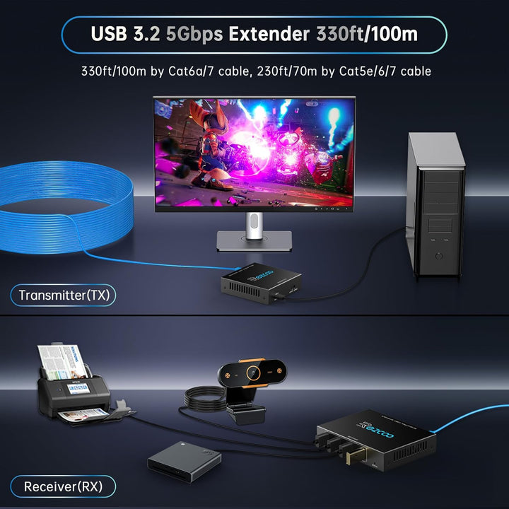 USB 3.0 Extender 229ft 70m 4-Port Extender über Cat5e Cat6 RJ45 LAN Verlängerung POE 5V Niedriger St