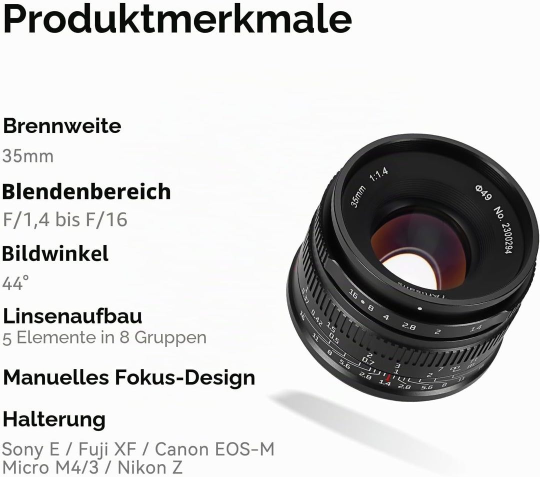 7artisans 35 mm F1,4 Mark II APS-C Festobjektiv mit manuellem Fokus und grosser Blende, kompatibel m