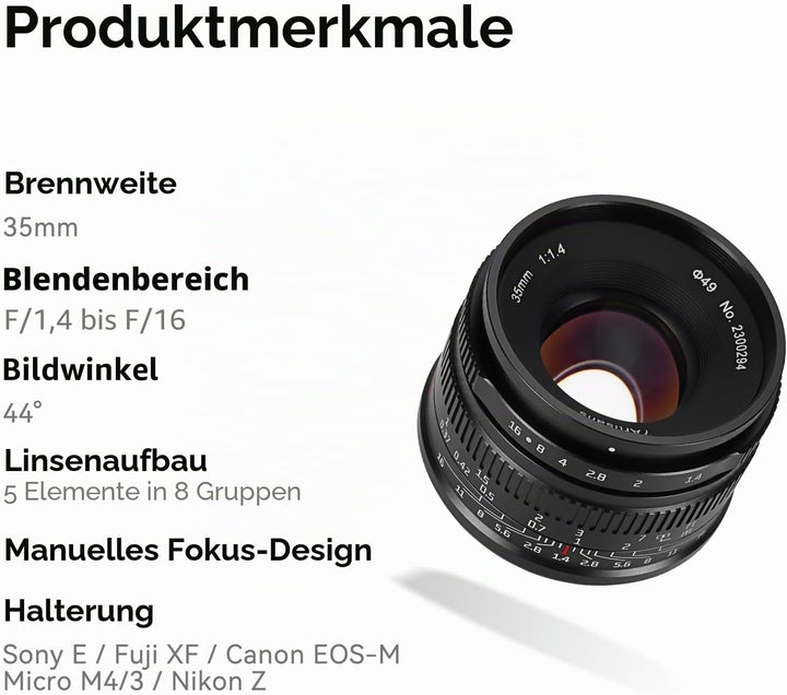 7artisans 35 mm F1,4 Mark II APS-C Festobjektiv mit manuellem Fokus und grosser Blende, kompatibel m