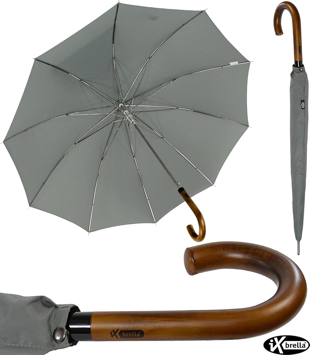 iX-brella Herren Stockschirm Automatik mit Echtholz-Rundhakengriff Grau grey, grey