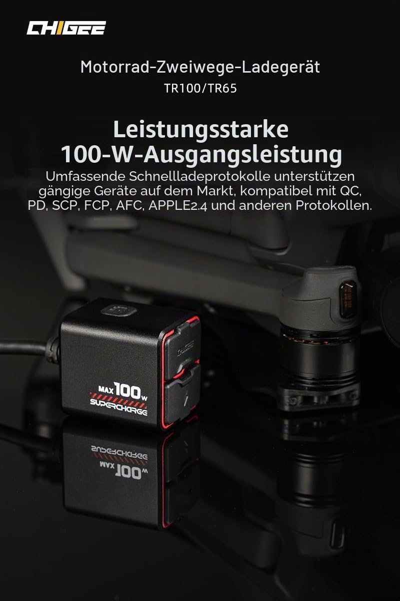 CHIGEE TR100 Next-Gen Motorrad-Batterieladegerät, 100 W, ultrakompakt & leicht, Notladung, niedrige