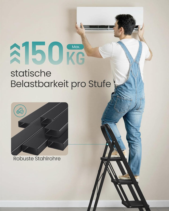 SONGMICS Trittleiter, Leiter mit 3 Stufen, Klapptritt, Klappsicherung, einfach zu verstauen, bis 150