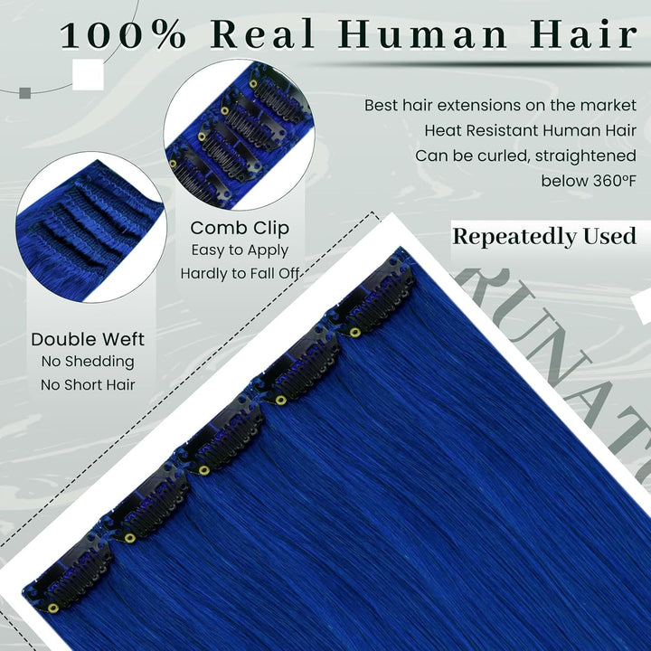 RUNATURE Clip in Extensions Echthaar 40cm Remy Clip Echthaar Extensions Glatt Haar Blau Clip in Haar