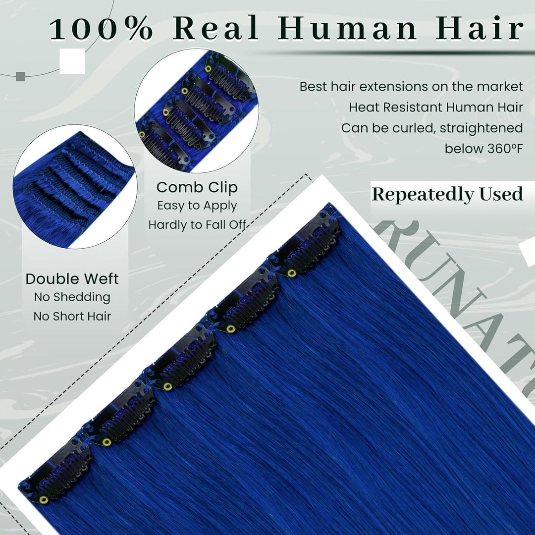 RUNATURE Clip in Extensions Echthaar Blau 55cm Remy Clip Echthaar Extensions Glatt Haar Clip in Haar