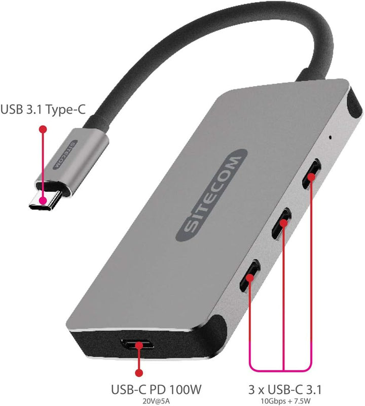 Sitecom CN-386 USB-C Hub 4 Port | USB-C auf 3X USB-C + 1x UBS-C Power Delivery Port Adapter mit 10 G