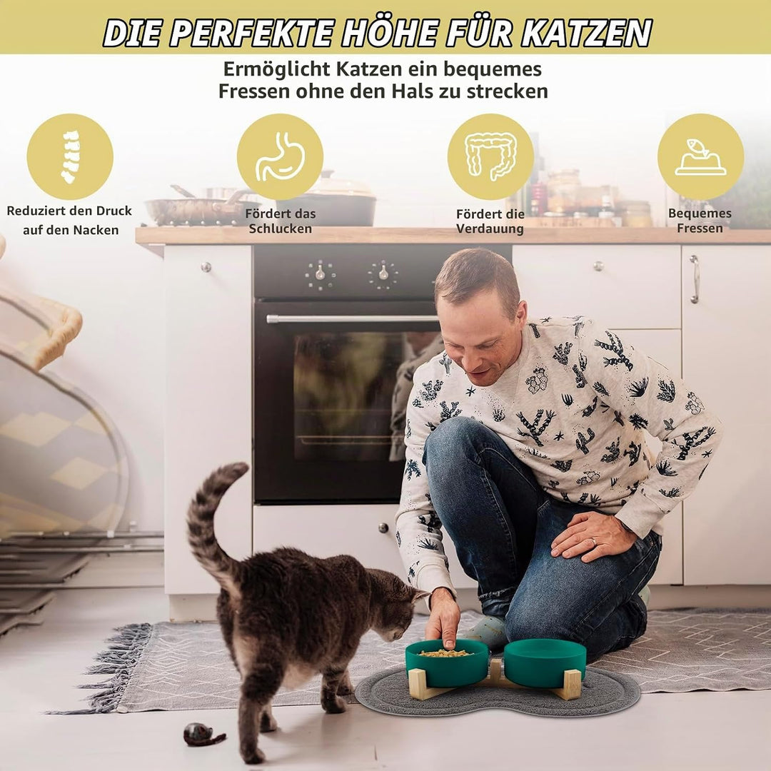 Katzennapf, 2 Stück Keramik Futternapf Katze Set, 3-in-1 rutschfeste Katzennäpfe mit Holzstände und