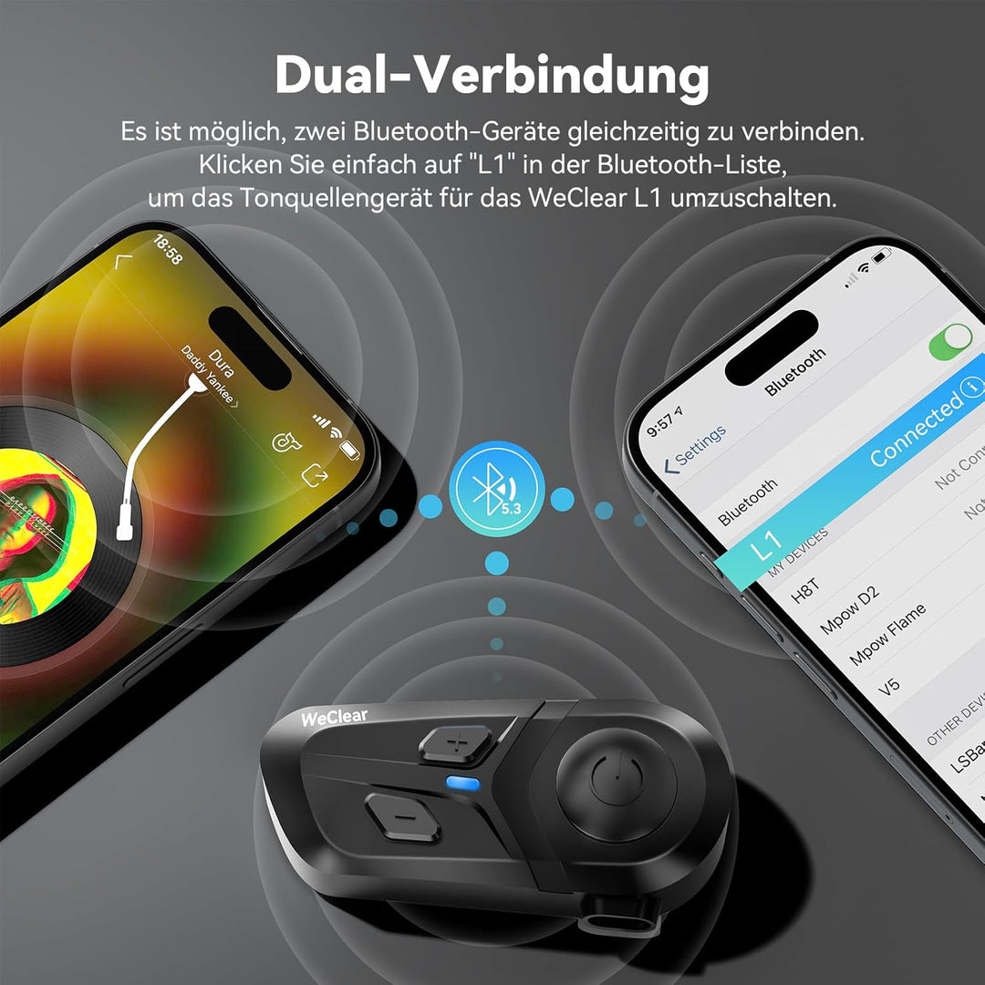 L1 Motorradhelm Headset, Helm Bluetooth Kopfhörer mit Sprachassistent, Geräuschunterdrückung Bluetoo
