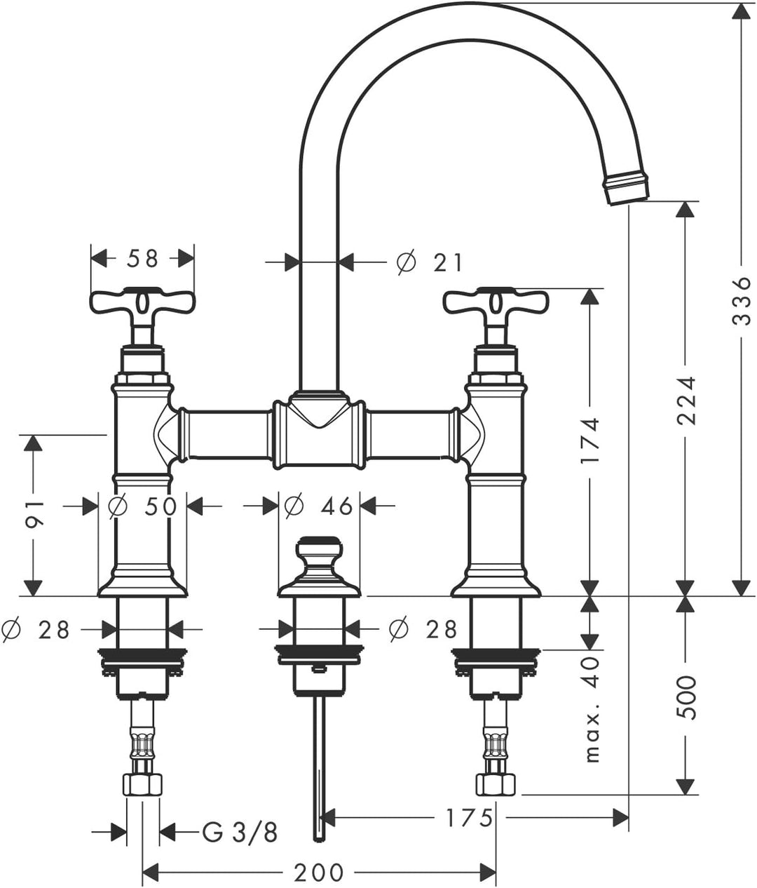 AXOR Wasserhahn Montreux 2-Griff Waschtischarmatur, Auslauf Höhe 220mm mit Zugstangen-Ablaufgarnitur