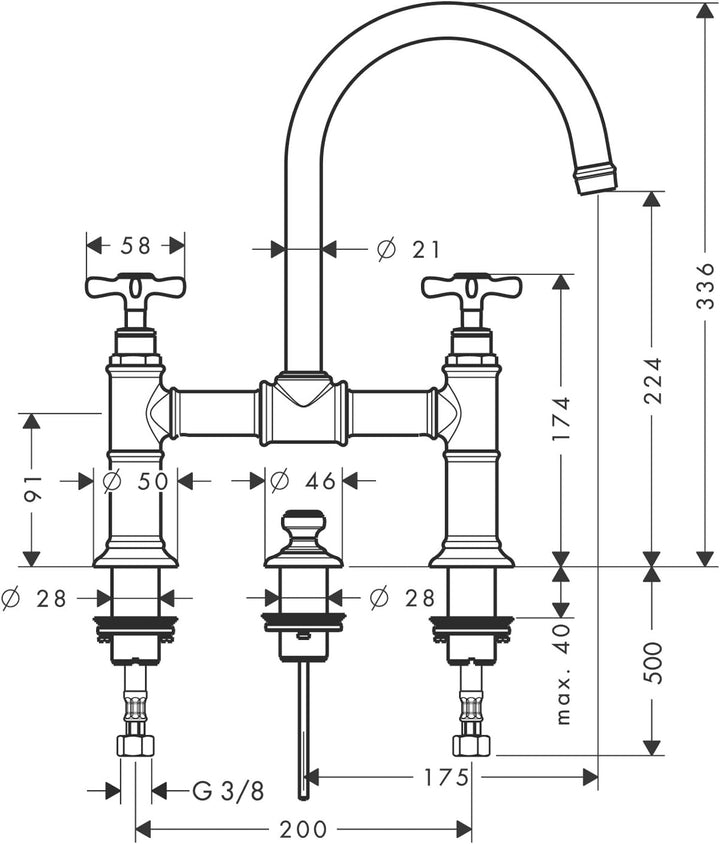 AXOR Wasserhahn Montreux 2-Griff Waschtischarmatur, Auslauf Höhe 220mm mit Zugstangen-Ablaufgarnitur