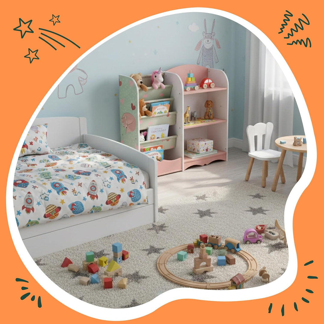 Relaxdays Kinderregal, HxBxT: 80 x 82 x 26 cm, 4 Fächer, 3 Hängefächer, Aufbewahrungsregal Kinderzim