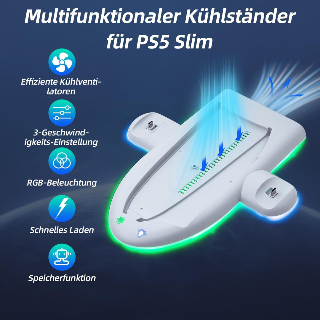 Wigearss PS5 Slim Kühler Standfuss mit Dual Controller Ladegerät, PS5 Controller Ladestation Standfu