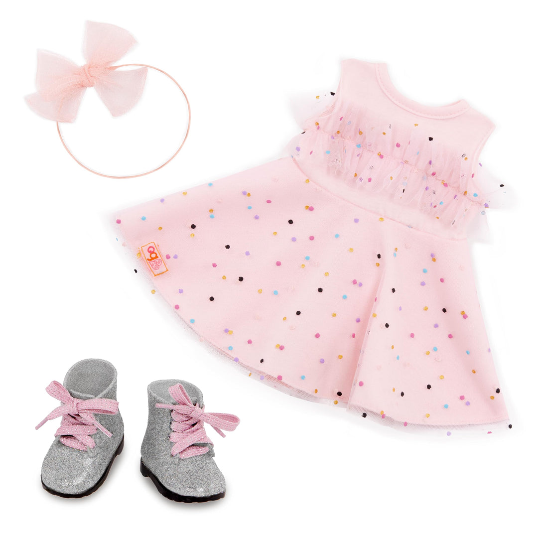 Our Generation – Pink & Bunt – 46 cm Puppenkleidung – Partykleid mit Konfetti-Print – Stirnband & St