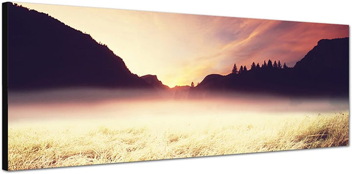 Paul Sinus Art Panoramabild auf Leinwand und Keilrahmen 150x50cm Feld Wiese Berge Wald Herbst Dämmer