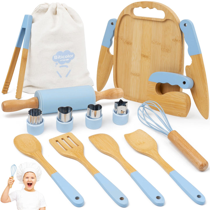 Kindermesser Set – 15-teilig mit sicherem Kiddikutter, Holzmesser Schneidebrett – Montessori Küchens