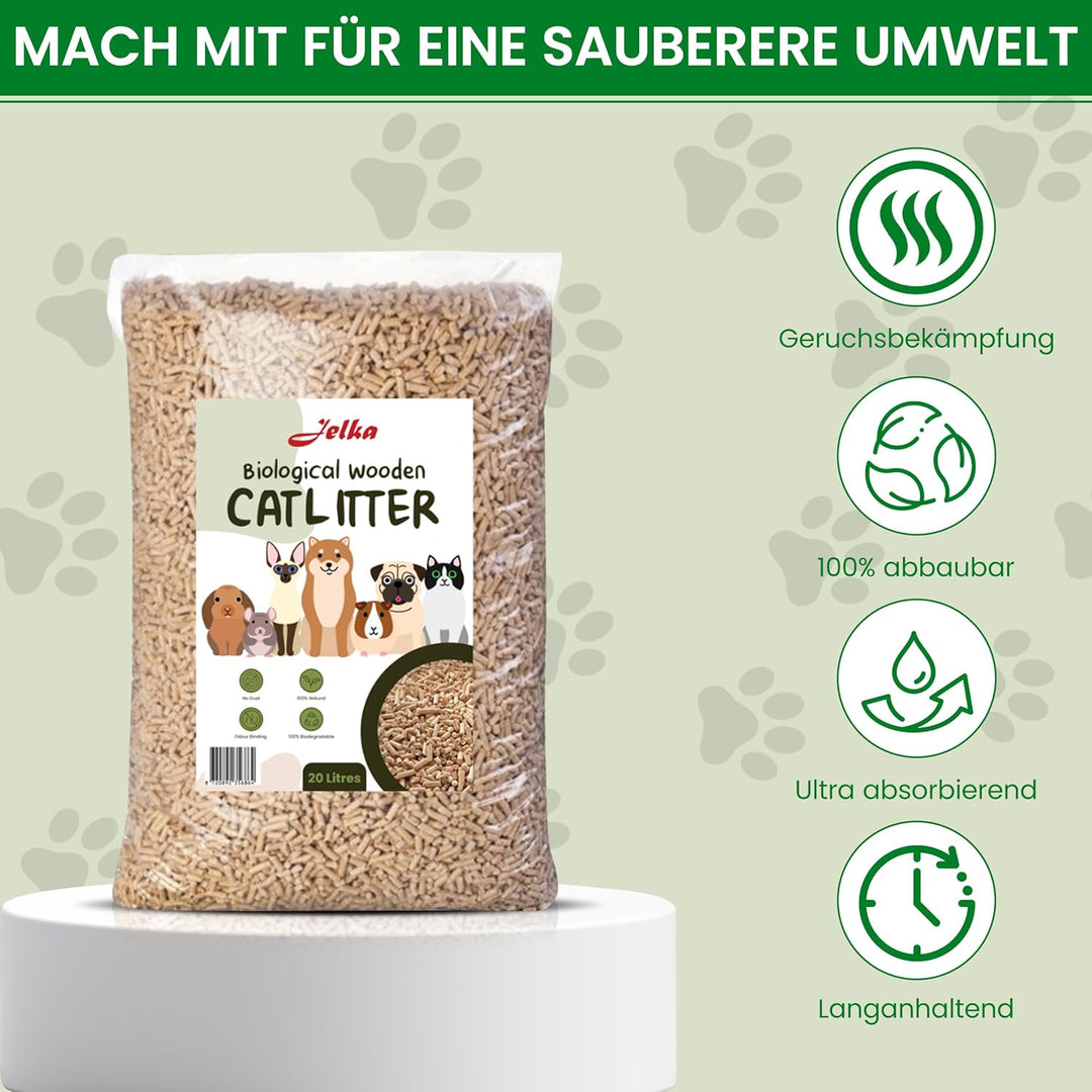 Jelka Holzstreu Katzenstreu 2 x 10KG (20kg - 40L) - Biologisch abbaubare Holzkörner - 100% Natur