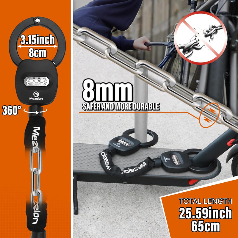 Mezelon E Scooter Schloss mit Zahlencode | Zahlenschloss für E Scooter | 8mm-Kettenglied Hochsicherh
