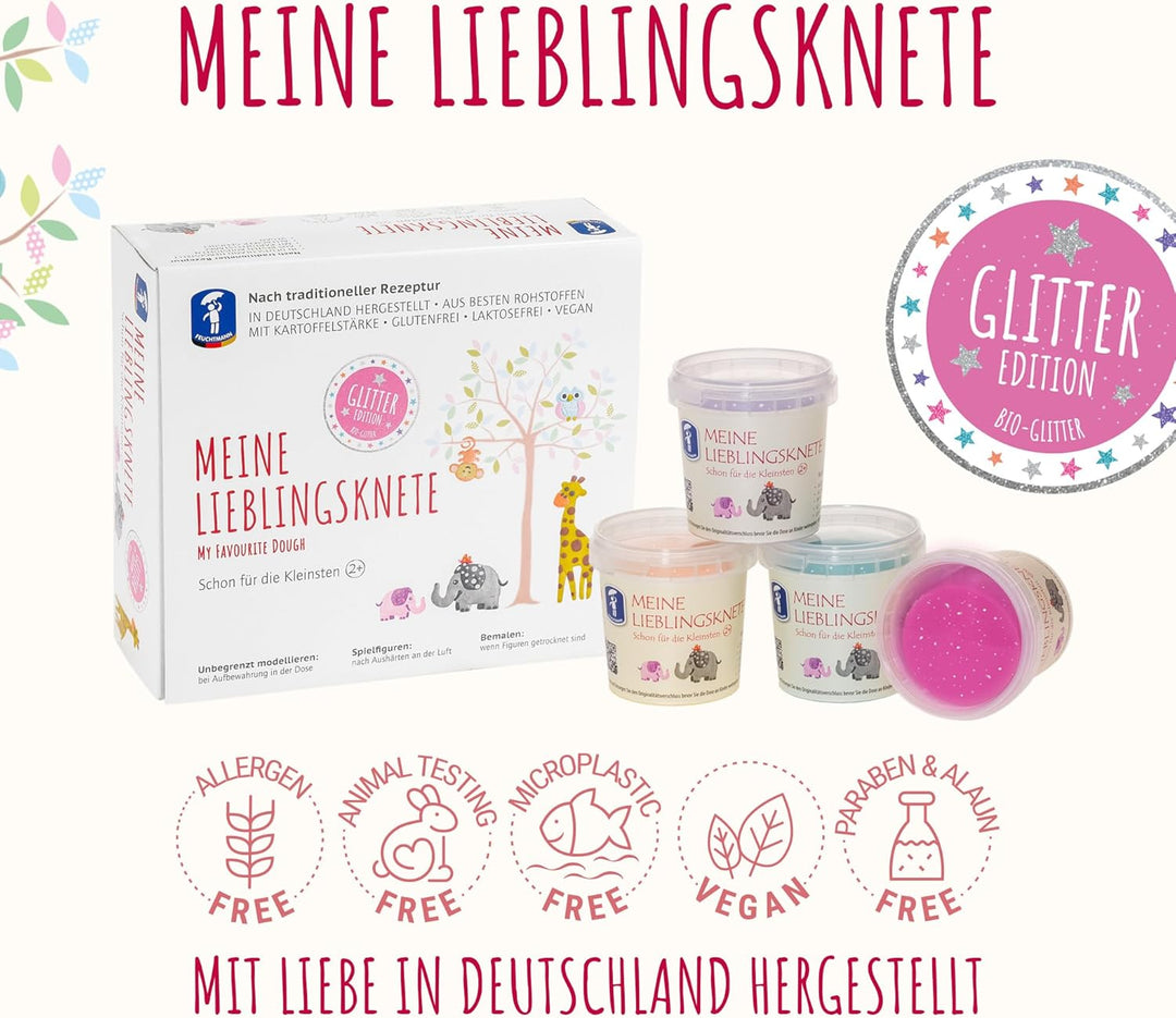 Feuchtmann MEINE LIEBLINGSKNETE Glitter Edition - Knetset 4 x 130g, vegane glutenfreie Knete, Kinder