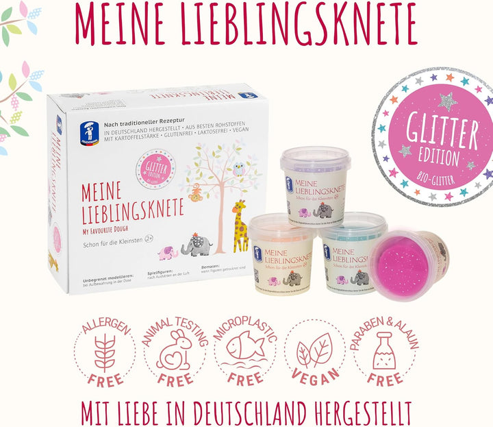 Feuchtmann MEINE LIEBLINGSKNETE Glitter Edition - Knetset 4 x 130g, vegane glutenfreie Knete, Kinder