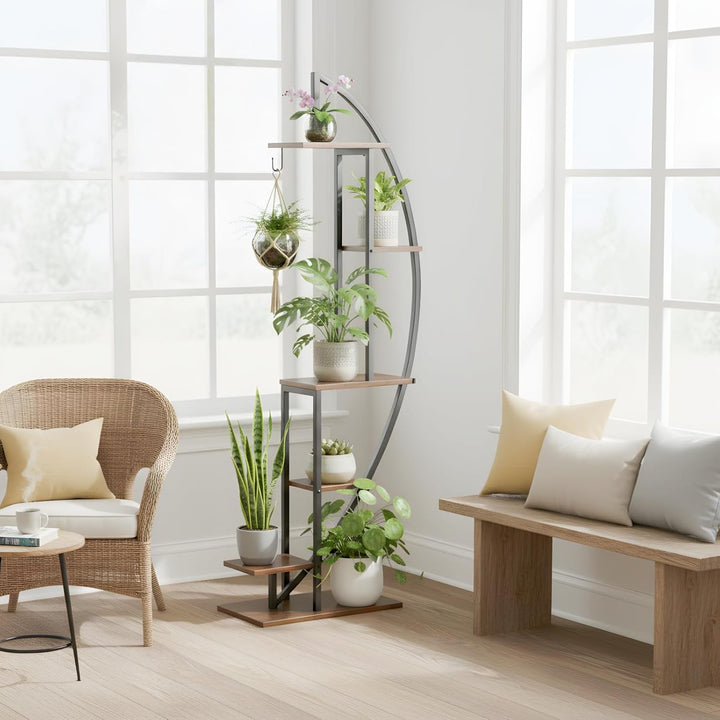6 Ebenen Pflanzenständer mit Wachstumslicht, Grosses Blumenständer 160cm Hoch, Metall-Holz Pflanzenr