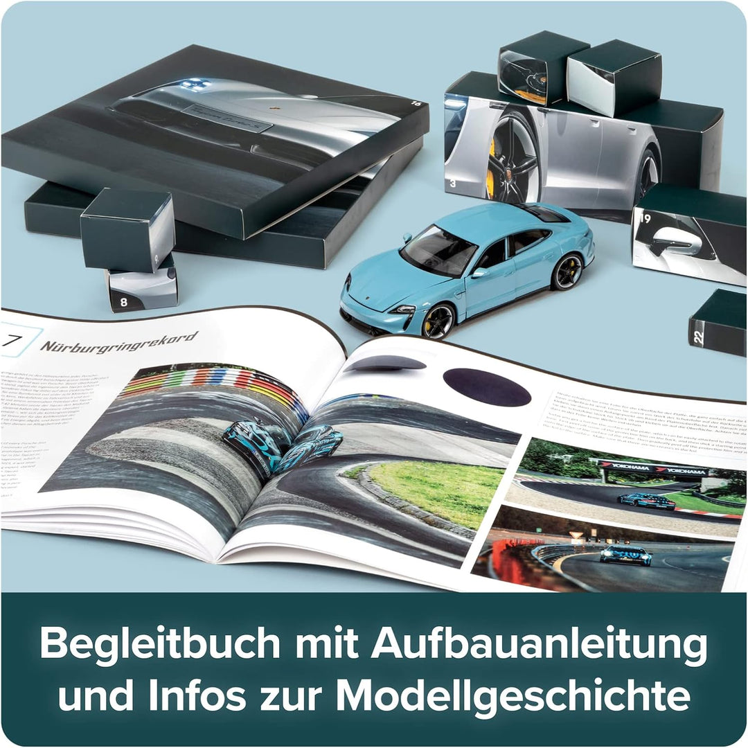 FRANZIS 67203 - Porsche Taycan Adventskalender frozen blue, Metall Modellbausatz im Massstab 1:24, i