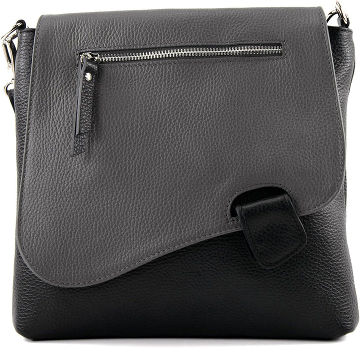 modamoda de - T146 - ital Messengertasche Umhängetasche aus Leder Schwarz/Dunkelgrau2021, Schwarz/Du