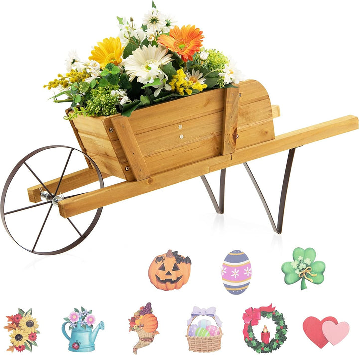 HOMASIS Blumenwagen Pflanzwagen mit 2 Griffen & Metallrad, Blumenkarre Holz, Blumentopf mit 9 magnet
