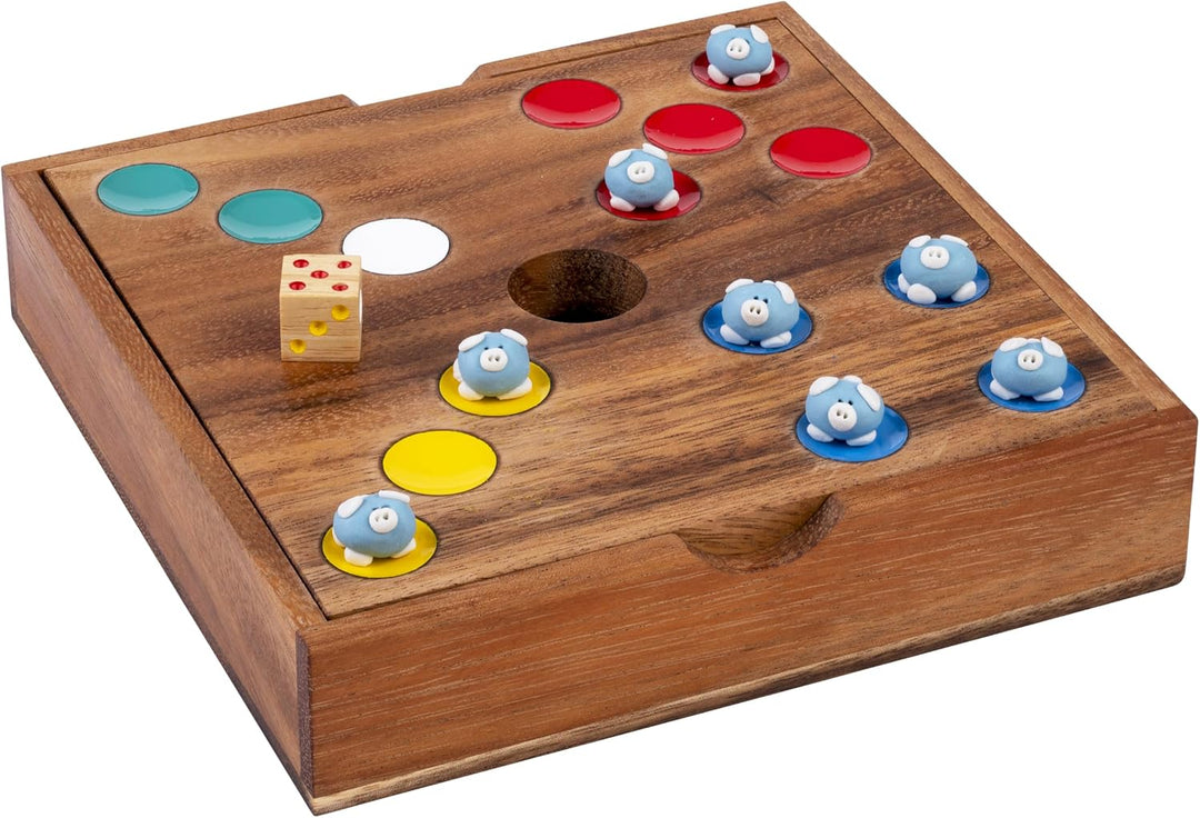 Engelhart Schweinchen Spiel Wurfelspiel mit 60 Keramik Schweinchen – Ferkelspiel in Holzbox, lustige