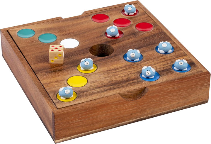 Engelhart Schweinchen Spiel Wurfelspiel mit 60 Keramik Schweinchen – Ferkelspiel in Holzbox, lustige