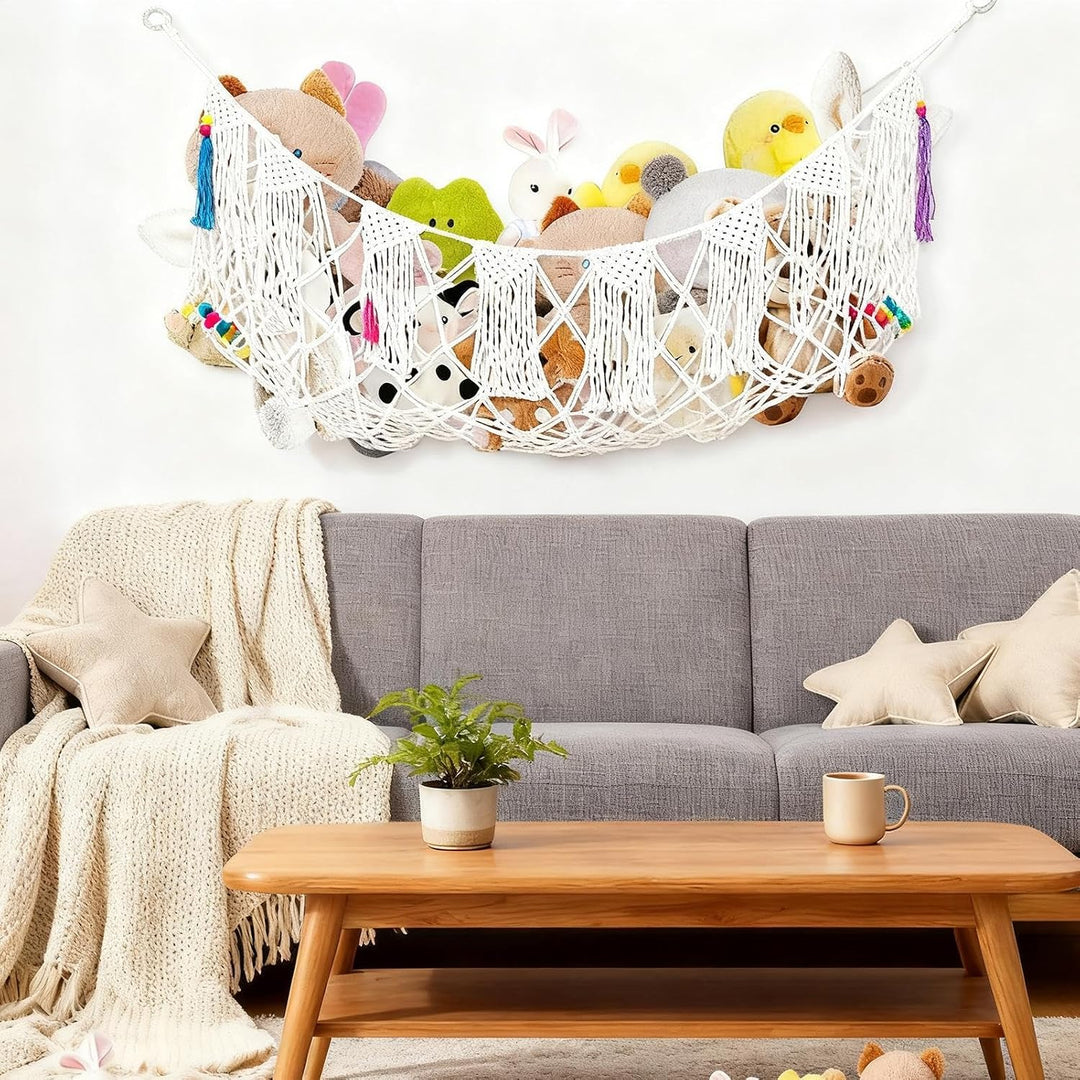 Stuffed Animal Net, Plush Toy Hammock, Boho Wall Storage | Interactive Heavy Duty Mesh Organizer for