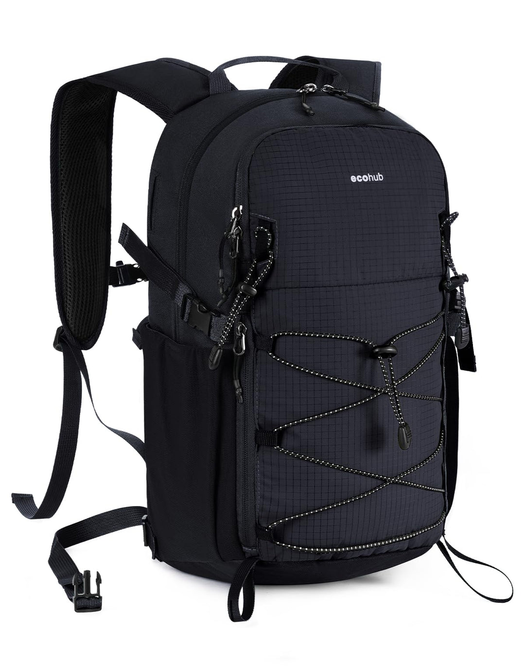 ECOHUB Leichter Atmungsaktiver Wanderrucksack mit Vielen Fächern aus PET Schwarz, Schwarz
