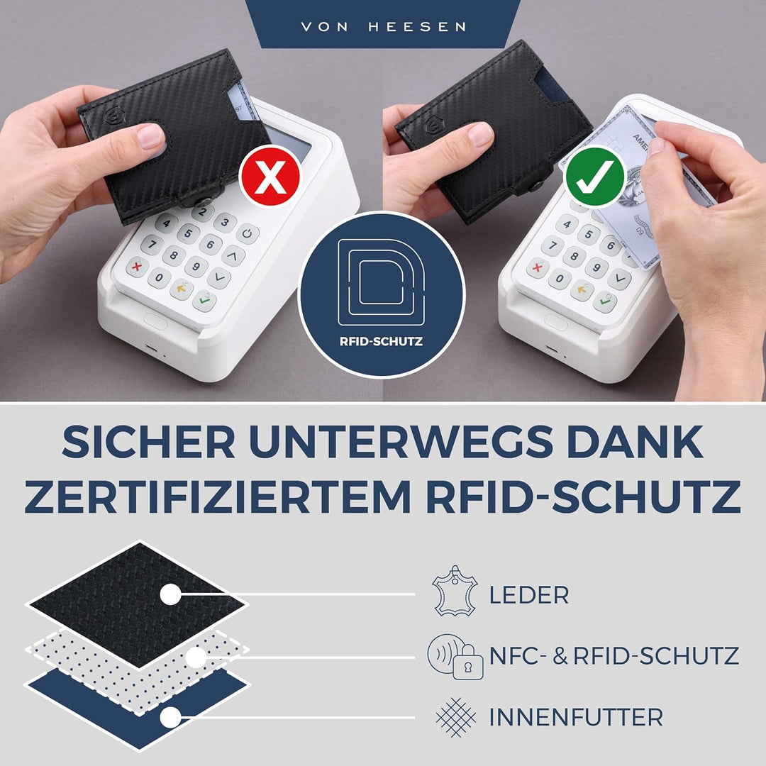VON HEESEN Slim Wallet mit XL Münzfach & RFID-Schutz - Leder Geldbeutel - Mini Geldbörse für Herren