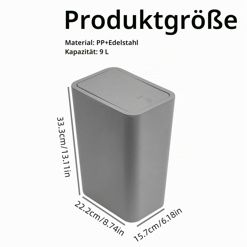 2 Stück Bad Mülleimer 9L mit Geruchsdichtenem Pop-Up-Deckel - PP-Material für Küche, Bad, Büro, Wohn