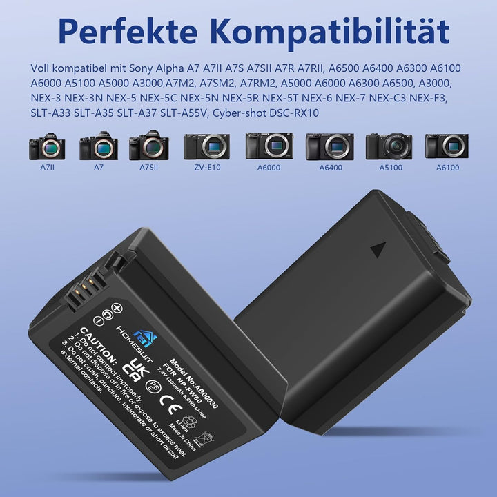 Homesuit NP-FW50 Akku und USB Dual Ladegerät Kit für Sony ZV-E10, A6000-Akkus, A6500, A6300, A7II, A