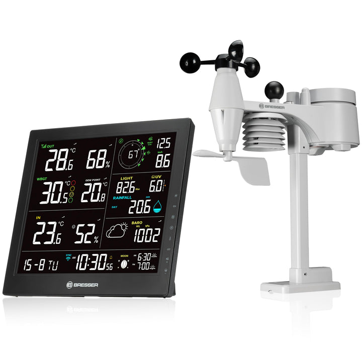 Bresser WLAN-Wetterstation 8-in-1 Aussensensor Windmesser Regenmesser UV WBGT Hitzealarm Vorhersage