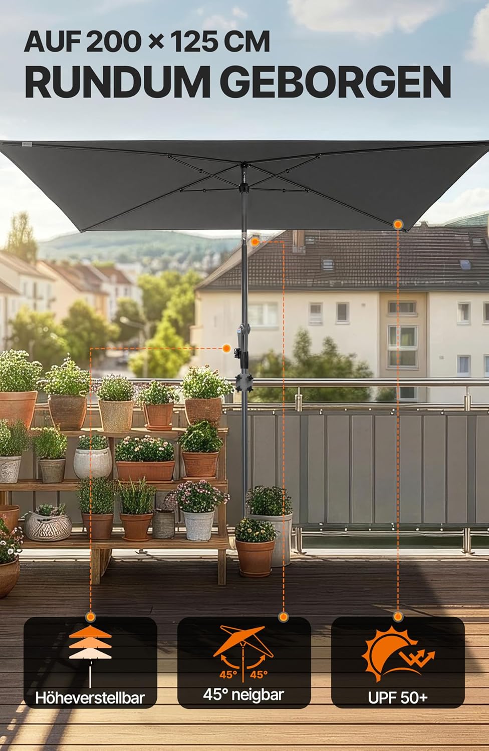 4smile Sonnenschirm Balkon mit Kurbel, Sonnenschirm rechteckig 200x125 cm, Sonnenschutz Balkon mit U