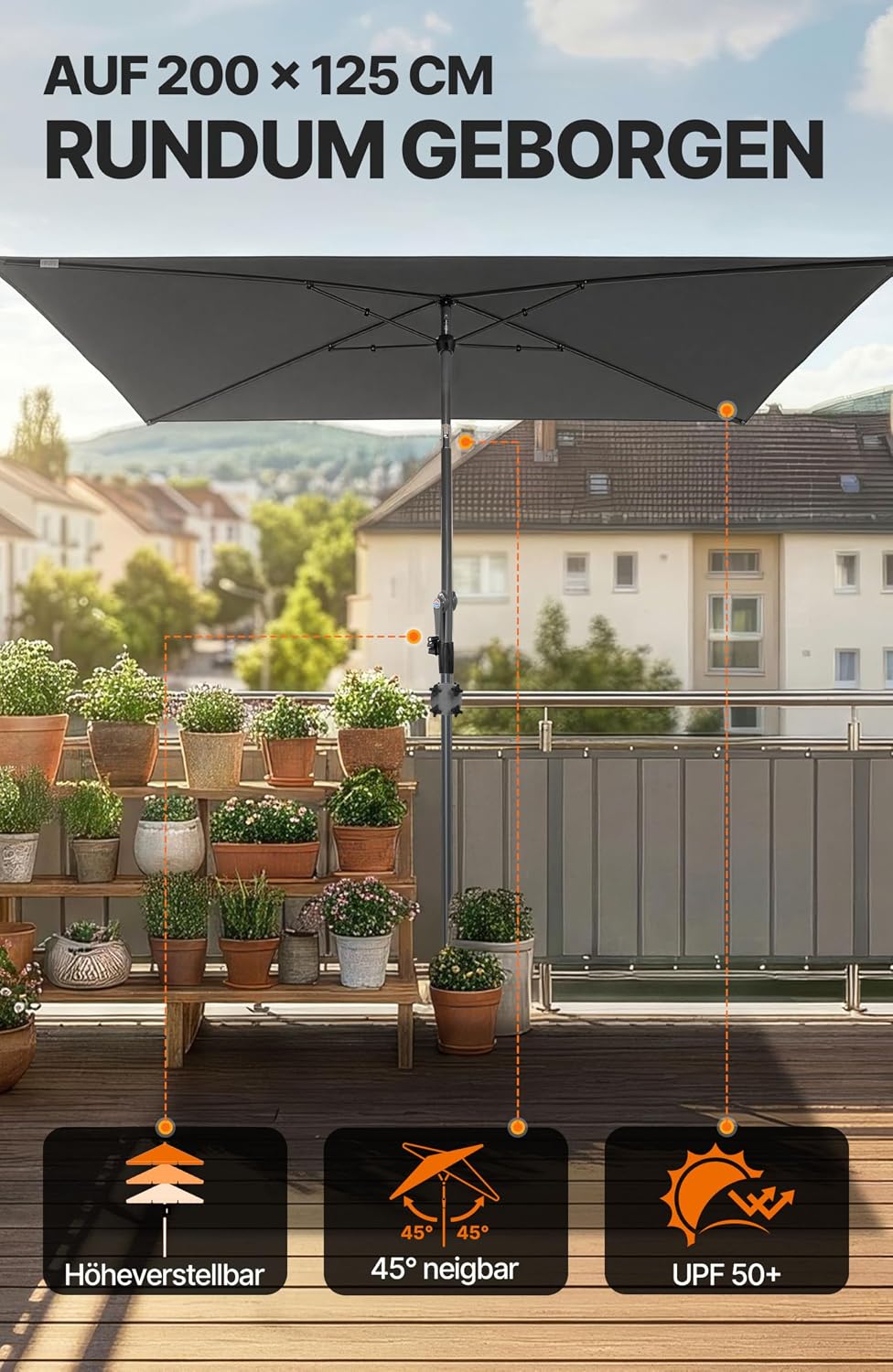 4smile Sonnenschirm Balkon mit Kurbel, Sonnenschutz Balkon mit Schutzhülle, Sonnenschirm rechteckig