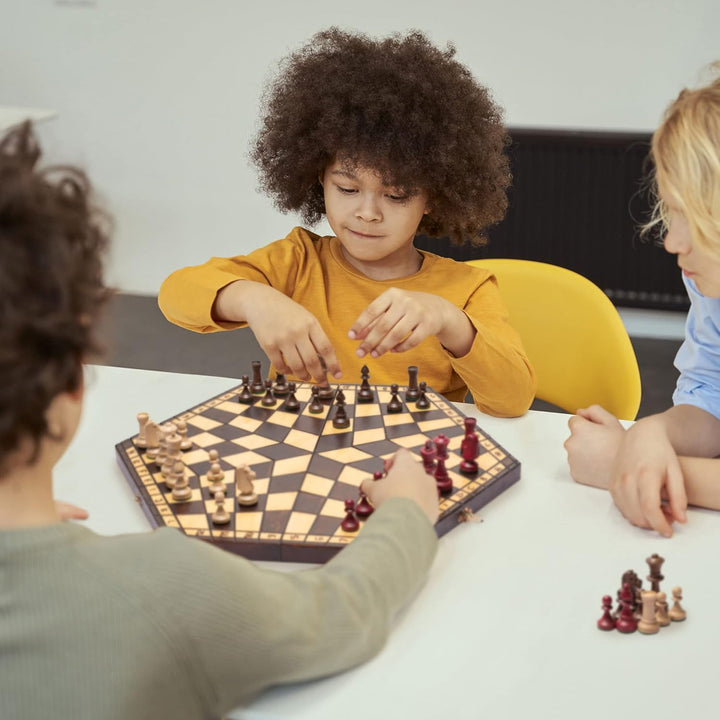 Husaria Holz-Schachspiel-Set für DREI Spieler – 54 Zentimeter - mit Faltbarem Brett, Handgefertigten