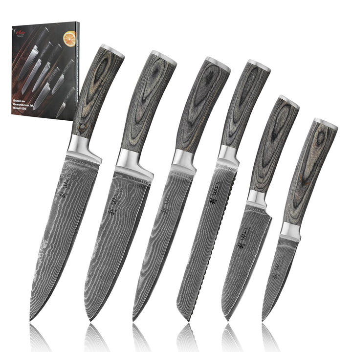 Wakoli Edis 6er Damastmesser-Set mit Klingenlängen von 8,50 cm bis 20,00 cm extrem scharf aus 67 Lag