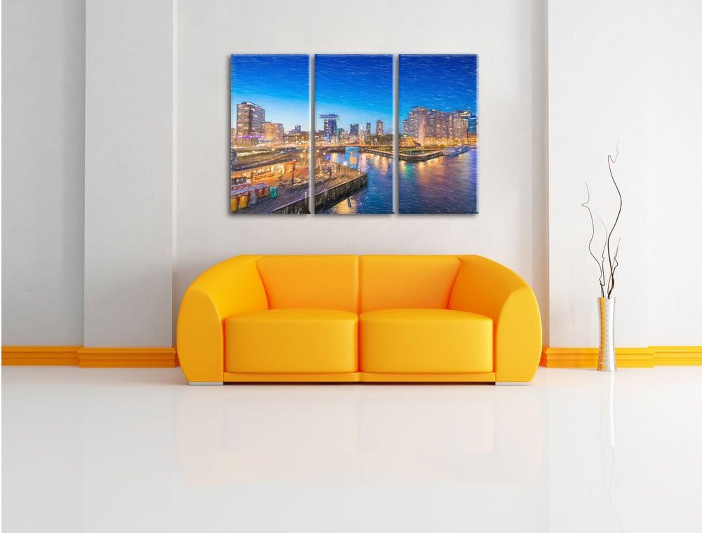 Pixxprint Atemberaubender Ausblick auf Rotterdam Bunstift Effekt 3-Teiler Leinwandbild 120x80 Bild a