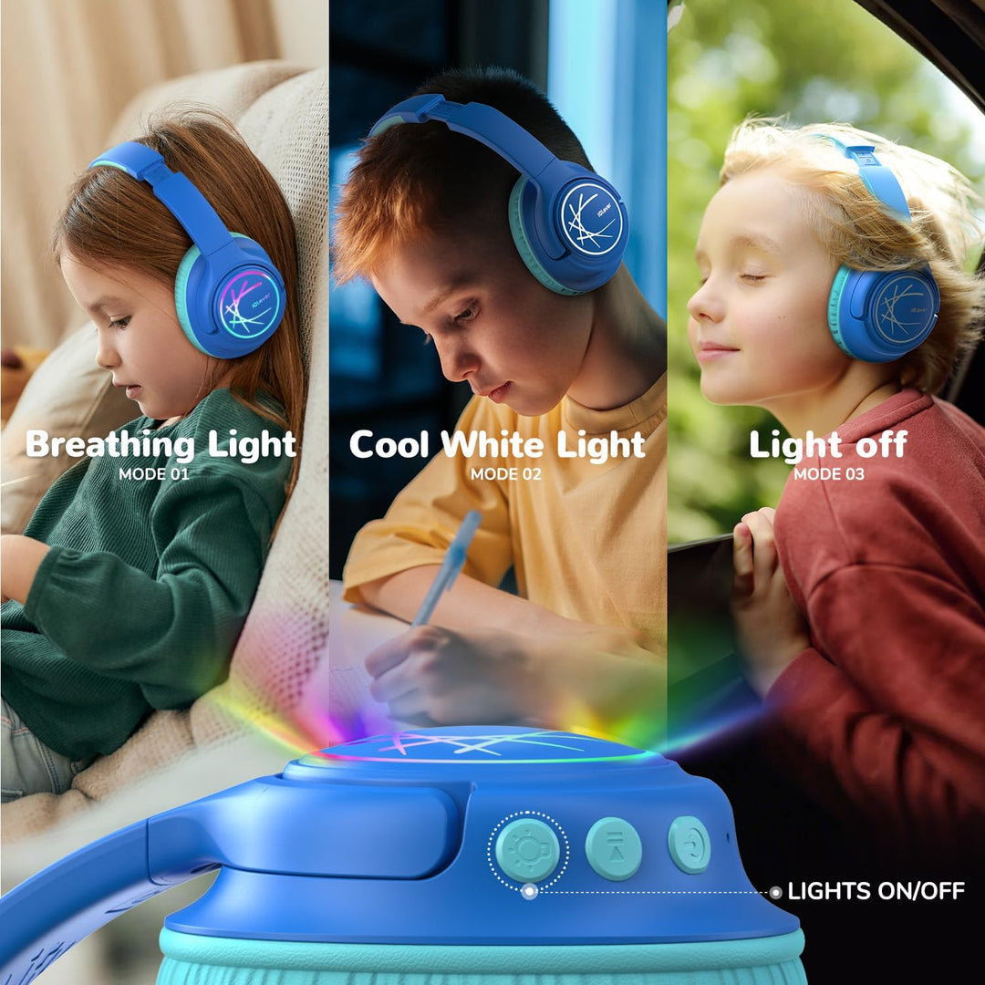 iClever Bluetooth kopfhörer Kinder mit LED-Leuchten, 74/85/94dB Lautstärkebegrenzung, 43 Stunden Spi