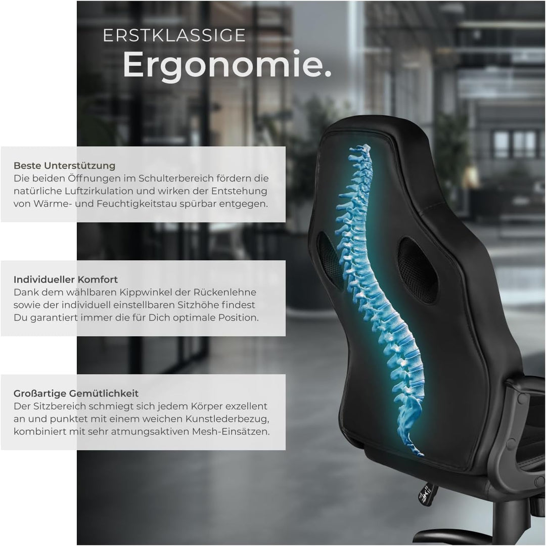 tectake® Gaming Stuhl, Bürostuhl ergonomisch, Racing Bürostuhl, Chefsessel mit Wippfunktion und Arml