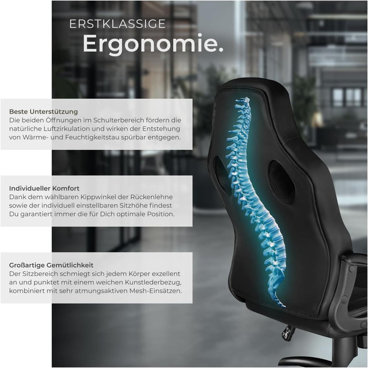 tectake® Gaming Stuhl, Bürostuhl ergonomisch, Racing Bürostuhl, Chefsessel mit Wippfunktion und Arml
